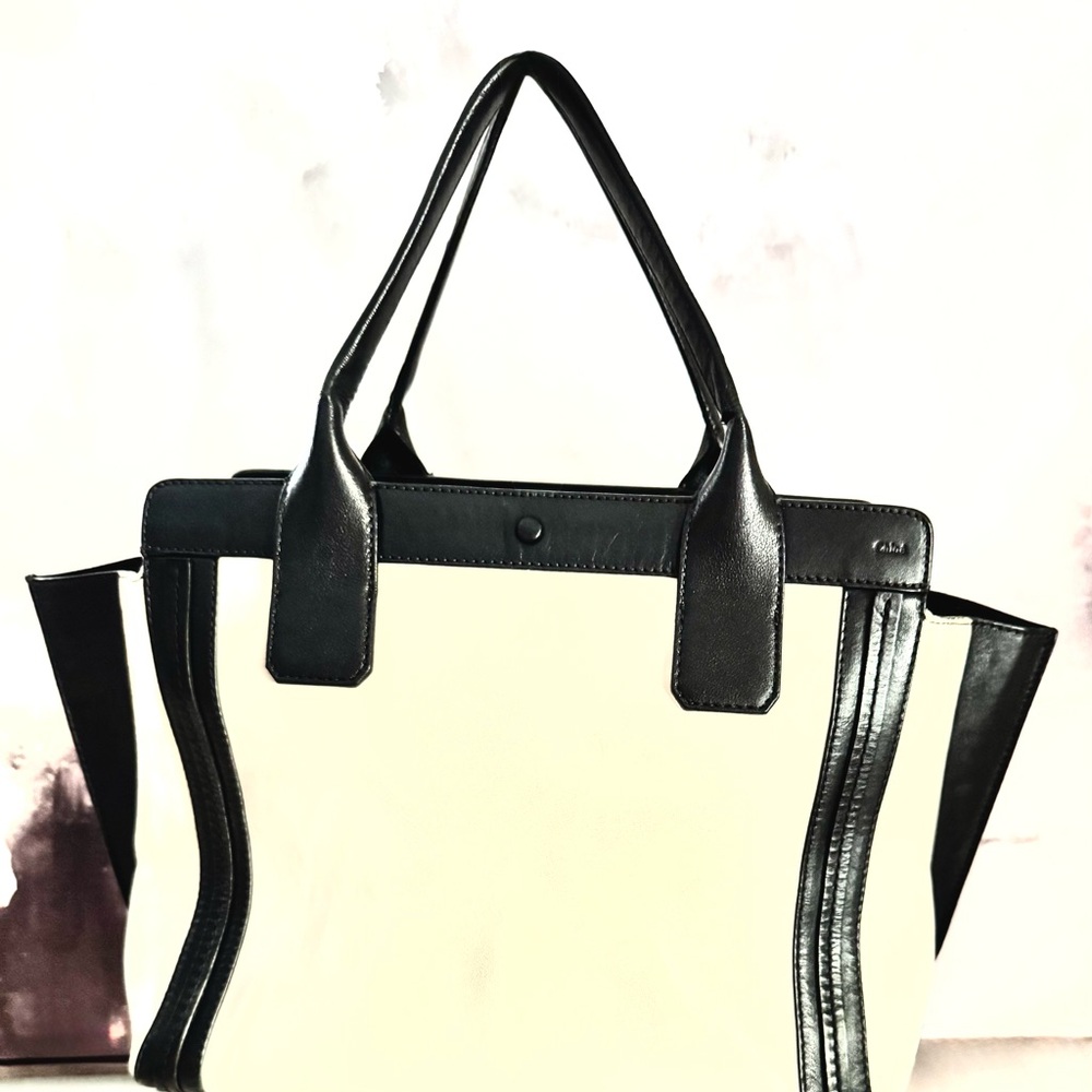 Chloe Calfskin Alison East West Tote Bag, Ivory & Black, Excellent Condition